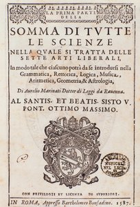 Frontispice taget fra Sum of all sciences, essay om liberal arts, af Aurelio Marinati af Italian School