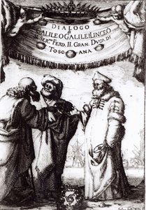 Frontispice til Dialog om de to største systemer i verden af ​​Galileo, udgivet i 1632 af Italian School