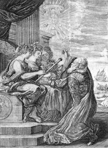 Galileo, astronom (1564 - 1642) præsenterer teleskopet for de tre nåder. Med sin højre hånd angiver han planeten Jupiter med sine satellitter opdaget af ham selv og dedikeret til Medici-familien. Frontispice de “”Opere di Galileo”” Bologna af Italian School