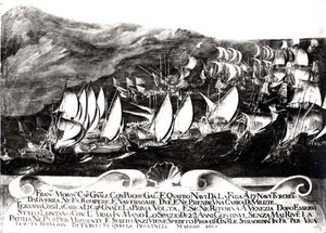 General Francisco Morosini (1618-94) og den venetianske flåde i et møde med den tyrkiske flåde ud for Kretas kyst, maj 1661 af Italian School