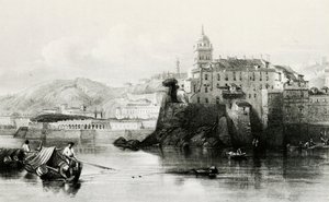 Genova marinamur med Villa Doria Pamphili i baggrunden, gravering, ca 1850, Italien af Italian School