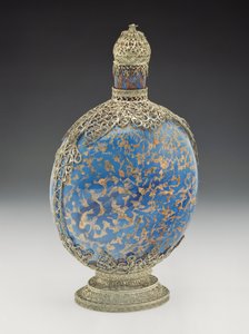 Forgyldt blå kolbe med filigranholder, venetiansk (blæst glas og sølv)