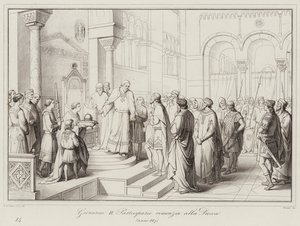 Giovanni II Partecipazio giver afkald på hertugdømmet, 887 (gravering) af Italian School