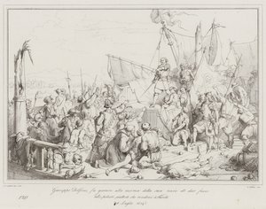 Giuseppe Dolfino, får besætningen på sit skib til at sværge at sætte ild til pulveret i stedet for ... (gravering) af Italian School