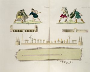 Gladiatorer og en plan for cirkus i Caracalla, plade 23A, klasse 5 fra del I af Nationernes historie, indgraveret af A. Nani (akvatint) af Italian School