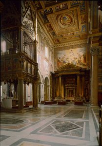 Gotisk kunst: udsigt til det pavelige alter over Tabernaklet lavet af Giovanni di Stefano omkring 1367 pryder tolv paneler dekoreret med fresker af Barna da Siena (1300-tallet). 1367-1368. Basilikaen St. Johannes af Laterano (San Giovanni in Laterano) af Italian School