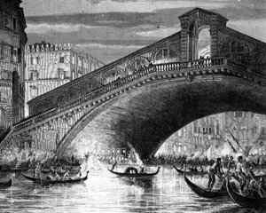 Canal Grande og Rialtobroen under karnevallet af Italian School