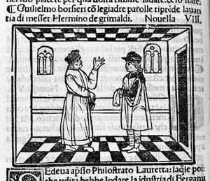 Grimaldis nærige Erminio står over for Guglielmo Borsiere, som forsøger at trække penge ud af ham med fine ord. Illustration til den nye 61 (ny 8 af den første dag) af "Decameron"" af Giovanni Boccaccio dit Jean Boccaccio (1313-1375), italiensk forfatter.  af Italian School