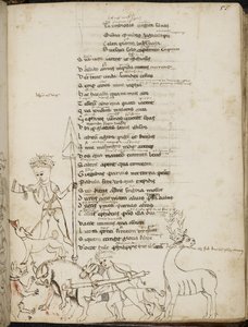 Harley 2453, f.55 En jagtscene med en orne, en kronhjort, jægere, hunde og en hare, fra 