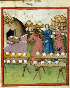 Sundhedsmanual: bagning af brød. Miniature af manuskriptet "Tacuinum Sanitatis", Lombardiet, 3. kvartal af det 14. århundrede. Paris, B N af Italian School