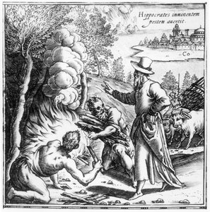 Hippocrates (c.460-c.377 f.Kr.) forklarer vigtigheden af smitte i pestepidemien, titelblad fra Hippocratis Opera Quae Extant, pub. i Venezia, 1588 af Italian School