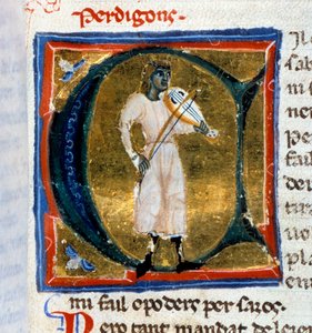 Historikerbrev (bogstav A). Perdigon-troubaduren spiller den gamle mand. Minature taget fra manuskriptet "" Chansonnier provencal"" (Folio 36), skrevet af Perdigon og kopieret af Atelier of Venice-Padua af Italian School