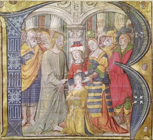 Historikert initial B, der skildrer Kristus, der helbreder en besat kvinde af Italian School