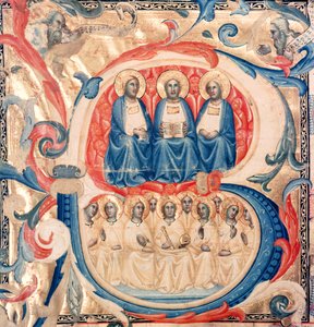 Historikert initial B, der viser treenigheden og Kristus omgivet af engle, Bolognese School, ca. 1340-50 af Italian School