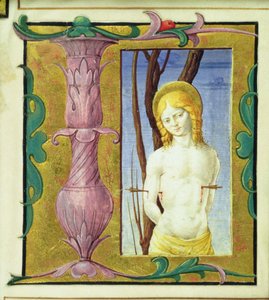 Historik initial L, der forestiller St. Sebastian af Italian School