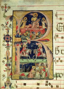 Historikert initial R, der viser opstandelsen, to ridderhelgener og en biskophelgen, der modtager relikvier af Italian School