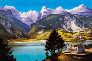 Hotel Molveno med Brenta Group og Val delle Seghe, postkort, Trentino-Alto Adige, Italien, 20. århundrede af Italian School