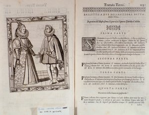 Sådan danser du en ballet for to Dobbeltside af Le Gratie dAmore (Le Grazie dAmore) af den italienske danser Cesare Negri kaldet Il Trombone (1536-1604), traktat om dans af Italian School