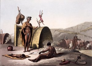 Buskmændenes hytter og lejrliv, fra Costumi dei... af Giulio Ferrario, ca. 1820