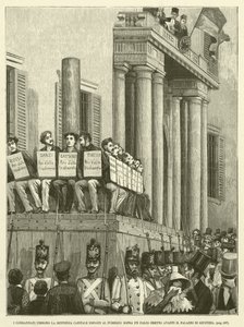 De dømte hørte dødsdommen udsat for offentligheden over en scene opført foran Justitspaladset (gravering) af Italian School