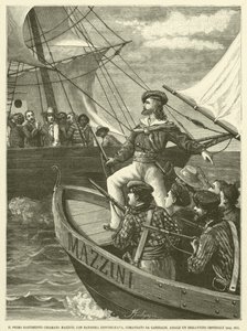 Det første skibsværft kaldet Mazzini, med republikansk flag, kommanderet af Garibaldi, Assale An Imperial Brigantion (gravering) af Italian School
