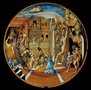 Iliaden af Homere: fajancefad, der repræsenterer Trojas ild. realiseret i Faenza. 1525-1530. Paris, Louvre-museet af Italian School