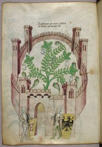 Illustration af balsamhaven i Cairo (Fustat) med syv vandbassiner og krukker til opsamling af balsam, en plante i midten, med to riddere i rustning, der flankerer porten, med skjolde med heraldiske våben, ca. 1440 (blæk og farve på pergament) af Italian School