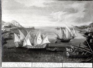 Hændelse ud for Patras mellem den venetianske kaptajn Ivanovich da Dabrota og den tyrkiske pirat Barbarossa, 17. april 1751 af Italian School