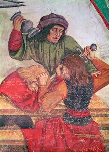 Interiør af en kro, detalje af drikkende, der kæmper (fresco) af Italian School