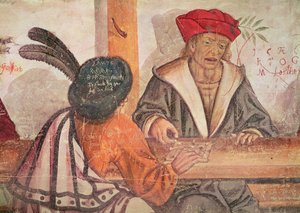 Interiør af en kro, detalje af to mænd, der spiller et brætspil (fresco) af Italian School