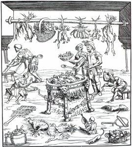 Interiør i et italiensk køkken, efter træsnit i Banchetti composidi di Vivende af Christoforo di Messisburgo, udgivet 1549 af Italian School