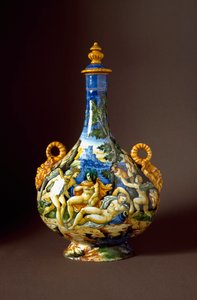 Io et Juno Keramisk karaffel produceret i Urbino i værkstedet Fontana, Italien. Firenze fra det 16. århundrede, Museo Nazionale del Bargello - Io og Juno. Keramikkande fra Fontana værksted, Urbino. 16. århundrede. Nationalmuseet i Bargello, Firenze, Italie af Italian School