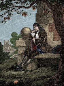 Isaac Newton ser et æble falde til jorden, mens han sidder under et træ af Italian School