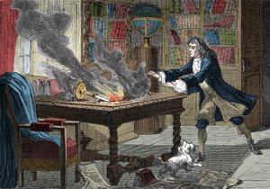 Isaac Newtons hund vælter et stearinlys og sætter ild til hans papirer af Italian School