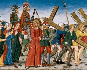 Jesus fører til Golgata og de hellige kvinder på vejen. Manuskript af Cristobal de Predis (1440-1486) af Italian School