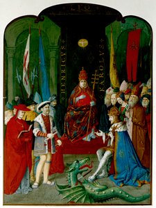 Kong Henrik VIII i strid med kejser Charles V før pave Leo X. Henrik holder en rulle, som kan være tyren fra 1521, der giver ham titlen 