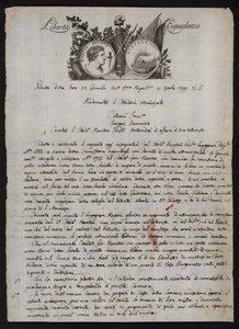 Brev på italiensk med en afbildning af Brutus den yngres hoved, en brændende hånd, der repræsenterer Gaius Mucius Scaevola, og mottoet for den franske revolution af Italian School