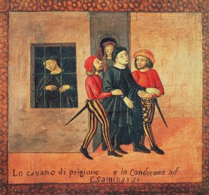 Antonio di Guiseppe Rinaldeschis liv - Taget fra fængslet for at blive retsforfulgt, Florentine School (olie på panel) (detaljer) af Italian School