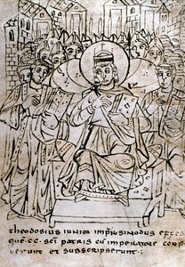 Lombard kunst: "" Kejser Theodosius II (401-450), barnebarn af Theodosius I, ved koncilet i Efesos den 22/06/431, der fordømmer nestorianismen (af patriarken Nestorius eller Nestorios)"" Tegning med pen på pergament tegner fra en traktat om kanoniske retti af Italian School