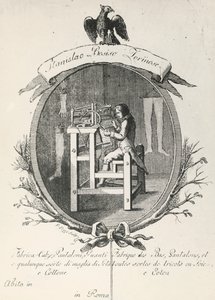 Væv til fremstilling af sokker, bukser og handsker, gravering til plakat, der reklamerer for virksomheden Stanislaus Bosiso, Italien af Italian School