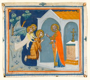 MS McClean folio 201.4 r St. Mary Magdalene, i ørkenen omkring Aix, båret af engle til St. Maximin, som administrerer hendes sidste nadver, ca. 1330 af Italian School