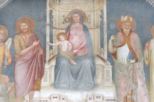 Madonna og barn, Angel Gabriel, Saint John the Baptist, Saint Ambrose, Saint Bernard af Italian School