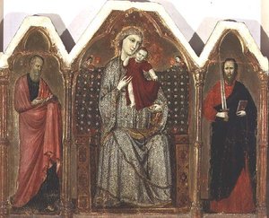 Madonna and Child Enthroned, med SS. Johannes evangelisten og Paulus, Rimineserskolen (triptykonpanel) af Italian School