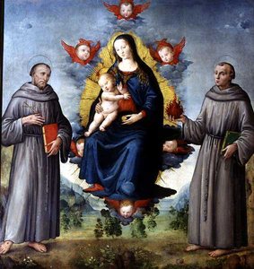 Madonna og barn, flankeret af SS Frans af Assisi og Anthony af Padova (tempera på panel) af Italian School