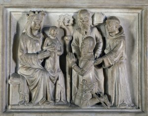 Madonna og barn, med en kriger og helgener, relief skabt af The Masters of Campione. Italien af Italian School