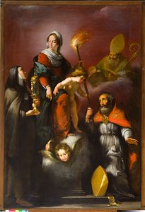 Madonna med barnet og de hellige Clare, Ambrose og Erasmus, ca. 1625 af Italian School
