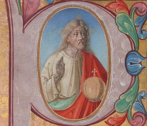 Manuskriptbelysning med Salvator Mundi i et indledende P, fra en korbog (tempera, blæk og guld på pergament) af Italian School