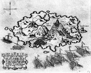 Kort over øen Tinos med den venetianske flåde, 1600-tallet