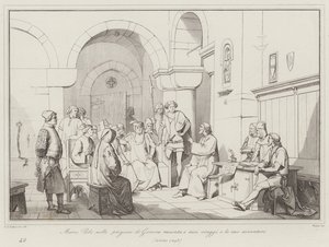 Marco Polo i Genovas fængsler fortæller om sine rejser og sine eventyr af Italian School