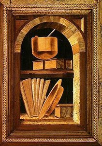 Marquetry panel af et stilleben med bøger (træ) af Italian School